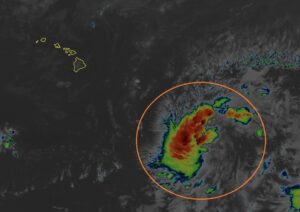 A new tropical depression has formed in the Central Pacific; it will likely be named Tropical Storm Moke soon. Image: NOAA