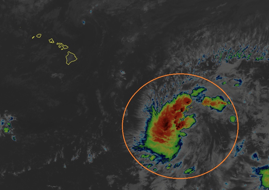 A new tropical depression has formed in the Central Pacific; it will likely be named Tropical Storm Moke soon. Image: NOAA