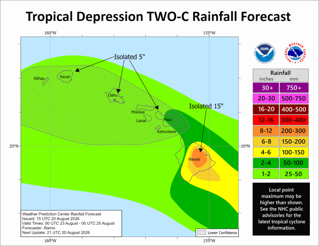 The new storm is expected to drop a foot or more of rain in portions of Hawaii which saw more than 2-3 feet of rain from Lala just days ago. Image: NHC