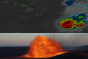 Latest satellite view of Tropical Storm Moke along with a photo snapped of Kilauea's most recent eruption. Image: NOAA / USGS
