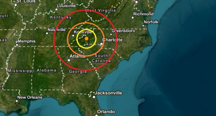 The earthquake struck at the orange dot inside the colored concentric circles on the map. Image: USGS