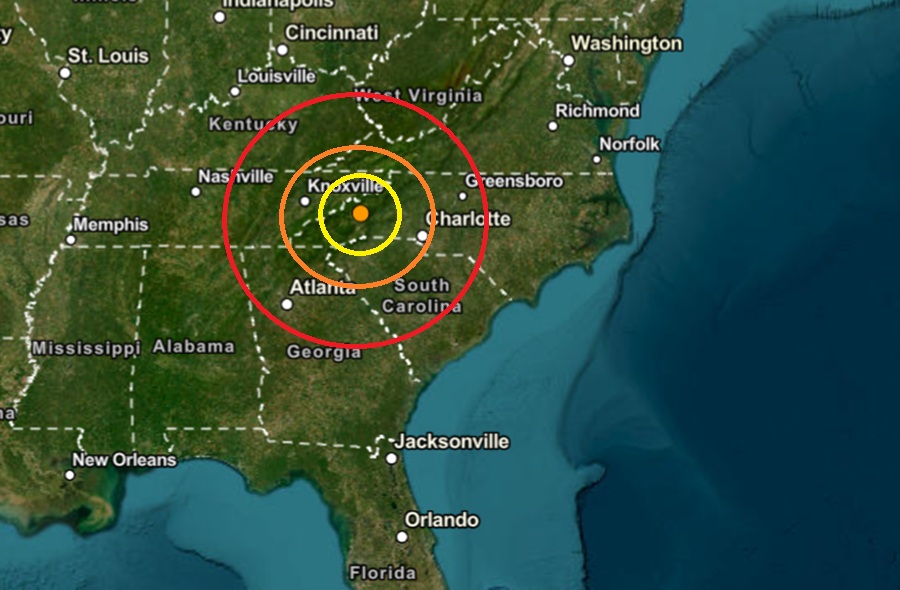 The earthquake struck at the orange dot inside the colored concentric circles on the map. Image: USGS