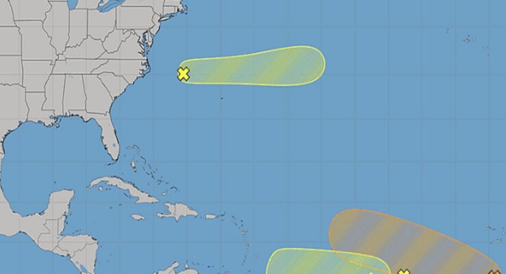 The National Hurricane Center is tracking three areas that could develop into a tropical cyclone over time; the orange shaded area is the most likely of the three to develop into something. Image: NHC
