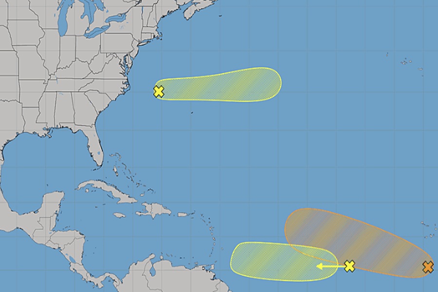 The National Hurricane Center is tracking three areas that could develop into a tropical cyclone over time; the orange shaded area is the most likely of the three to develop into something. Image: NHC