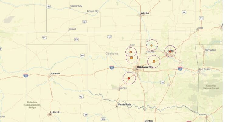 Each of the circled areas represent a seismic event, with dots illustrating earthquakes and diamonds illustrating explosions. Image: USGS