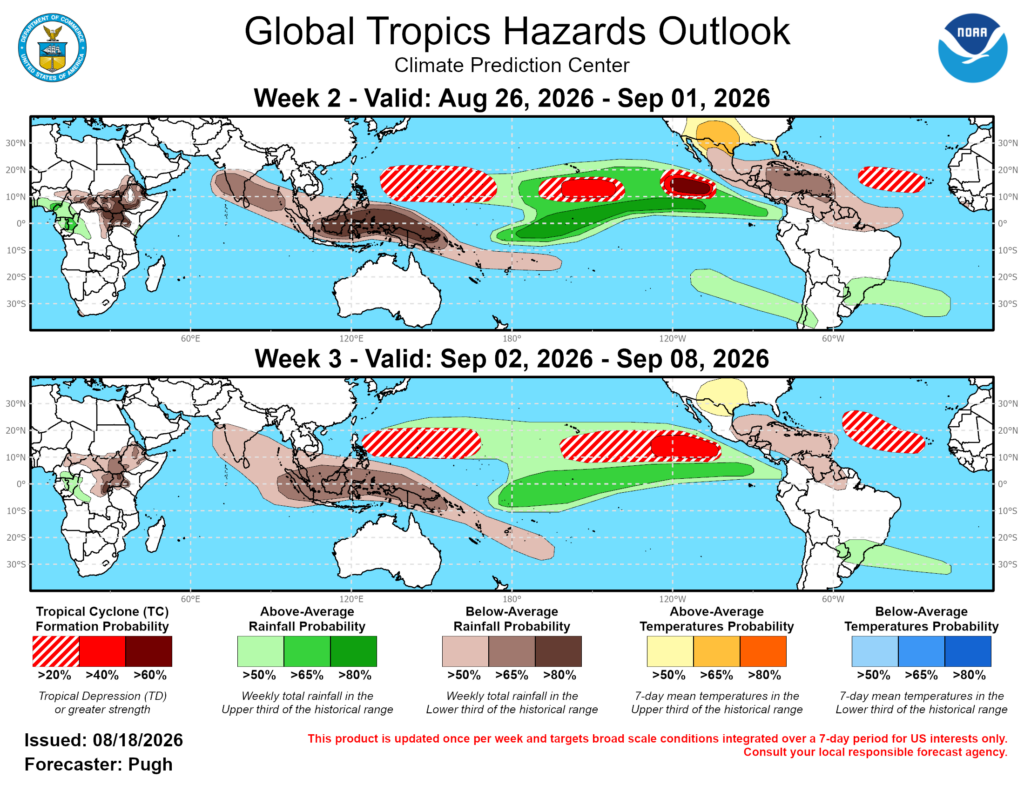 The res areas on the map illustrate where tropical cyclones could form in the basins around the world. Image: NOAA CPC