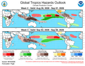 The res areas on the map illustrate where tropical cyclones could form in the basins around the world. Image: NOAA CPC