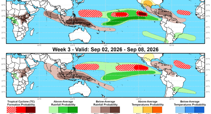 The res areas on the map illustrate where tropical cyclones could form in the basins around the world. Image: NOAA CPC