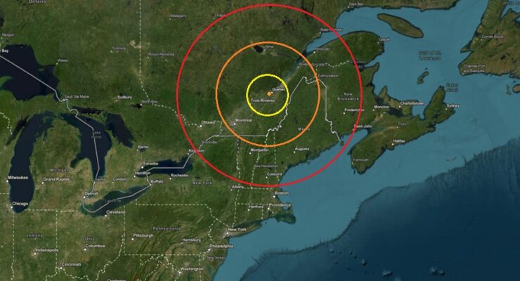 The earthquake epicenter struck near Quebec, illustrated as the orange dot inside the colored, concentric circles on this map. Image: USGS