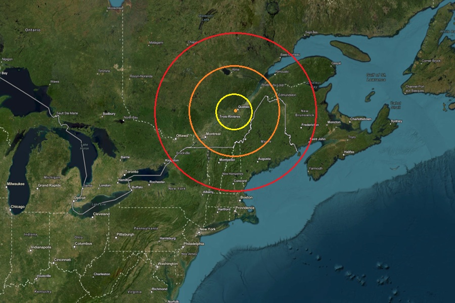 The earthquake epicenter struck near Quebec, illustrated as the orange dot inside the colored, concentric circles on this map. Image: USGS