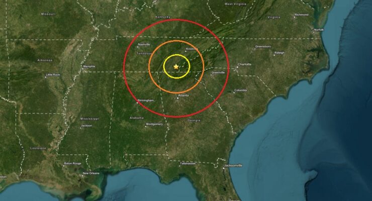 The epicenter of the earthquake was at the star inside the colored concentric circles on this map. Image: USGS
