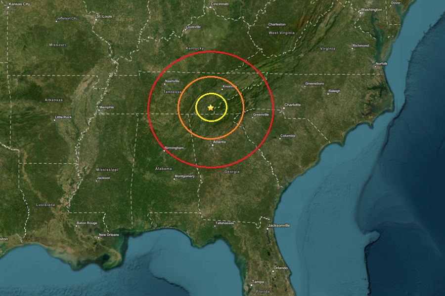 The epicenter of the earthquake was at the star inside the colored concentric circles on this map. Image: USGS
