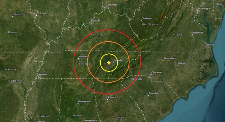 The earthquake struck at the gold star inside the colored concentric circles on the map. Image: USGS