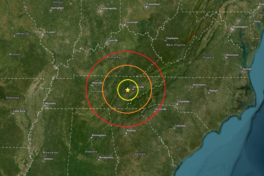 The earthquake struck at the gold star inside the colored concentric circles on the map. Image: USGS