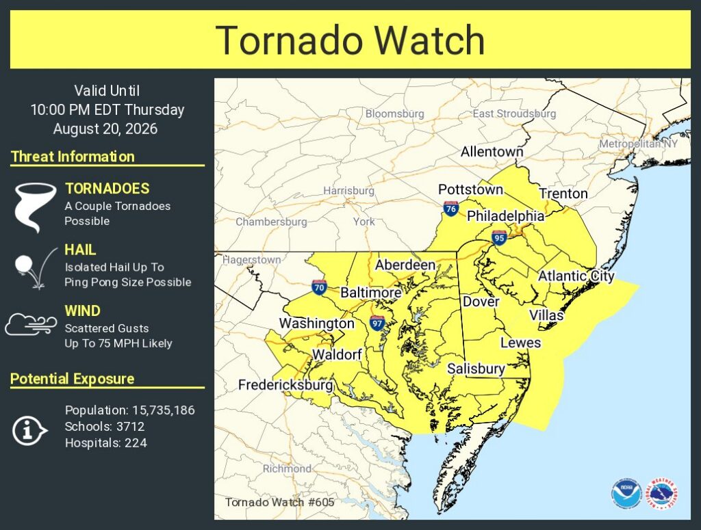 A Tornado Watch is in effect for the yellow areas until 10 pm tonight. Image: NWS SPC