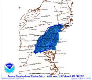 A Severe Thunderstorm Watch is in effect for the blue area on the map. Image: NWS SPC