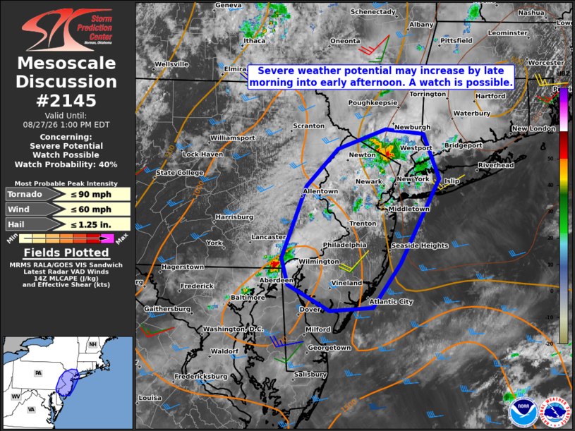 The National Weather Service is considering issuing a Tornado or Severe Thunderstorm Watch for New Jersey and nearby areas this afternoon. Image: NWS SPC