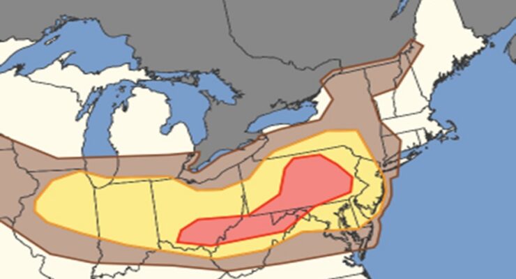 The shaded areas are at risk of damaging wind gusts today, with the yellow area at greater risk than brown and the red area at the highest risk level. Image: NWS SPC