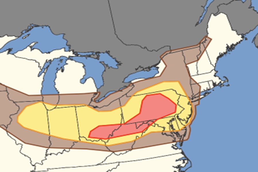The shaded areas are at risk of damaging wind gusts today, with the yellow area at greater risk than brown and the red area at the highest risk level.  Image: NWS SPC