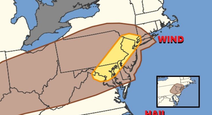 Thunderstorms will move into the Mid Atlantic this afternoon, setting the stage for destructive wind gusts and damaging hail. This map reflects where there's a risk of these severe elements, with the greatest threat of destructive wind in the yellow shaded area. The inset reflects where the greatest risk of large hail is in brown. Image: NWS SPC