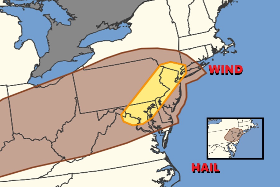 Thunderstorms will move into the Mid Atlantic this afternoon, setting the stage for destructive wind gusts and damaging hail. This map reflects where there's a risk of these severe elements, with the greatest threat of destructive wind in the yellow shaded area. The inset reflects where the greatest risk of large hail is in brown. Image: NWS SPC