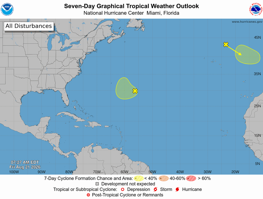 The areas in yellow are being tracked for possible development by the National Hurricane Center. Image: NHC