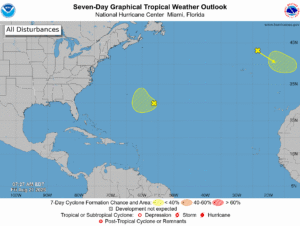 The areas in yellow are being tracked for possible development by the National Hurricane Center. Image: NHC