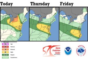Yellow and orange areas are at higher risk of seeing severe weather today, tomorrow, and Friday. The severe weather threat should wrap up for these areas this weekend. Image: NWS SPC