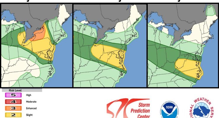 Yellow and orange areas are at higher risk of seeing severe weather today, tomorrow, and Friday. The severe weather threat should wrap up for these areas this weekend. Image: NWS SPC