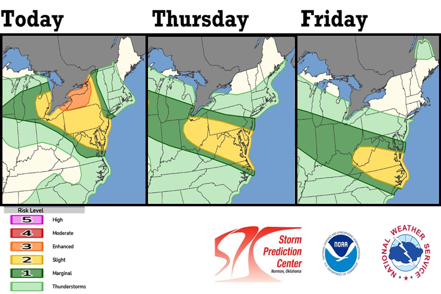 Yellow and orange areas are at higher risk of seeing severe weather today, tomorrow, and Friday. The severe weather threat should wrap up for these areas this weekend. Image: NWS SPC