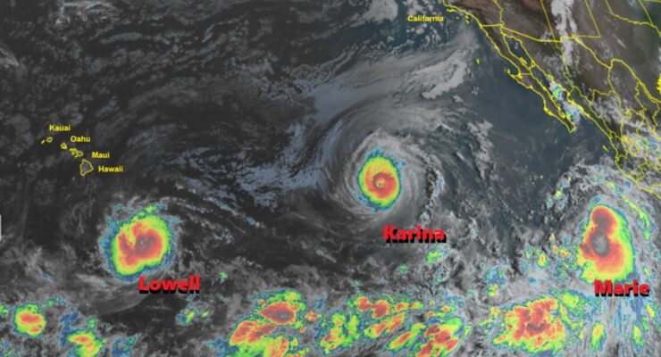 The latest GOES-West weather satellite view showing three named storms marching across the Pacific Ocean. Image: NOAA