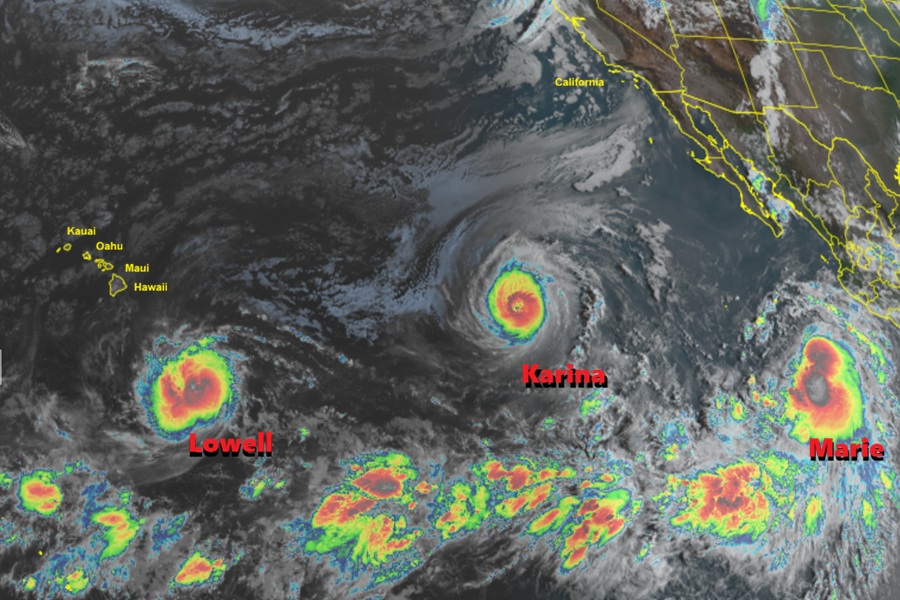 The latest GOES-West weather satellite view showing three named storms marching across the Pacific Ocean. Image: NOAA