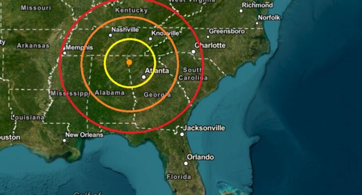 The earthquake struck at the orange dot inside the colored, concentric circles on the map. Image: USGS