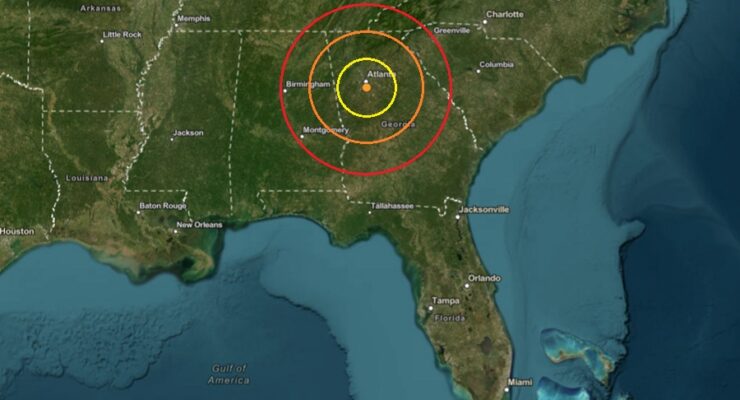 The earthquake struck at the orange dot inside the colored concentric circles on the map. Image: USGS