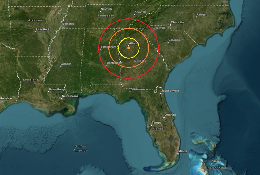 The earthquake struck at the orange dot inside the colored concentric circles on the map. Image: USGS
