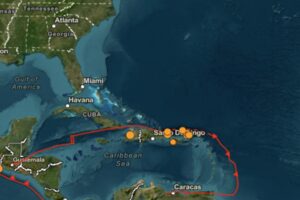 Multiple earthquakes have struck in the Caribbean in the last 24 hours, with each earthquake epicenter indicated by an orange dot on the map. Image: USGS