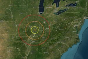 The earthquake struck at the star inside the concentric colored circles on the map. Image: USGS