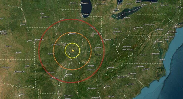 The earthquake struck at the star inside the concentric colored circles on the map. Image: USGS