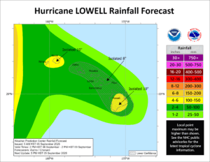 Heavy rain may fall state-wide as Lowell moves through the region. Image: NHC