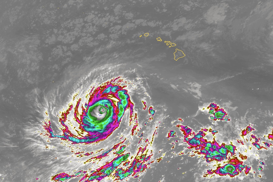 Color enhanced infrared image from the GOES-West weather satellite shows Lowell swirling south of the state of Hawaii now. Image; NOAA