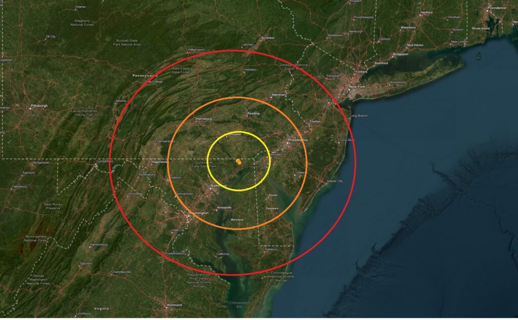 The epicenters are indicated by the two orange dots inside the colored, concentric circles on this map. Image: USGS