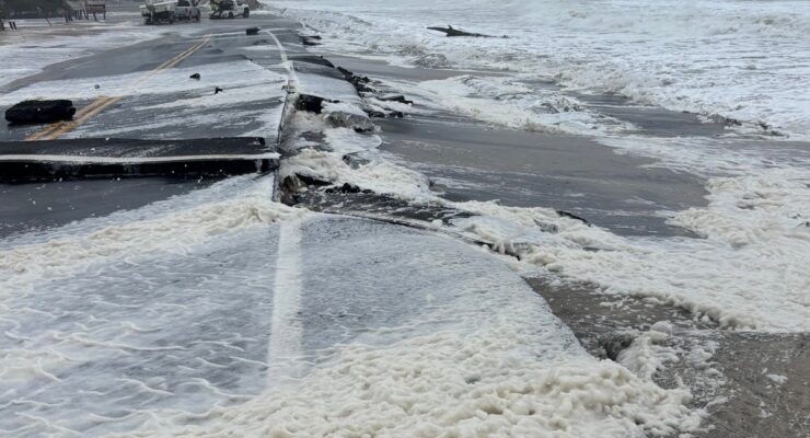 The developing coastal storm has already created flooding issues and beach erosion along the east coast, including here on NC12 near the Pea Island Visitor's Center on the North Carolina coast. Image: North Carolina Department of Transportation