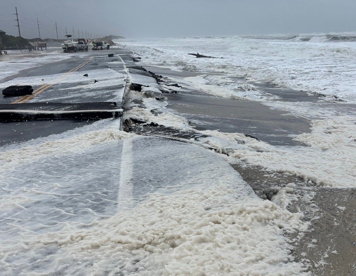 The developing coastal storm has already created flooding issues and beach erosion along the east coast, including here on NC12 near the Pea Island Visitor's Center on the North Carolina coast. Image: North Carolina Department of Transportation