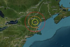 The earthquake struck at the orange dot inside the colored, concentric circles on this map. Image: USGS