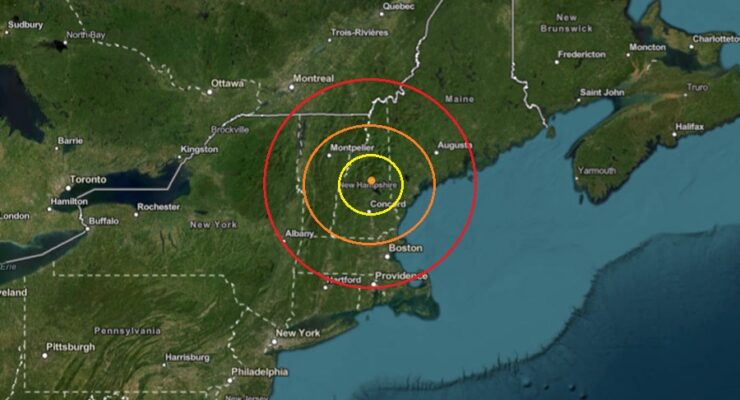 The earthquake struck at the orange dot inside the colored, concentric circles on this map. Image: USGS
