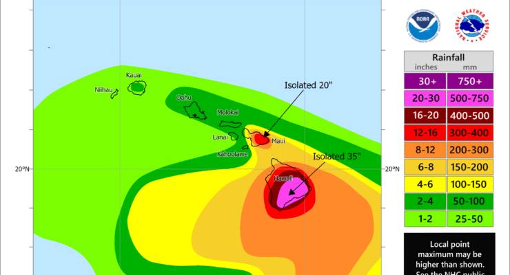 Even without a direct landfall forecast, Nolo is expected to bring epic heavy rains to Hawaii and Maui, triggering catastrophic floods and landslides. Rainfall will be measured in feet across a large area depicted on the map. Image: NHC