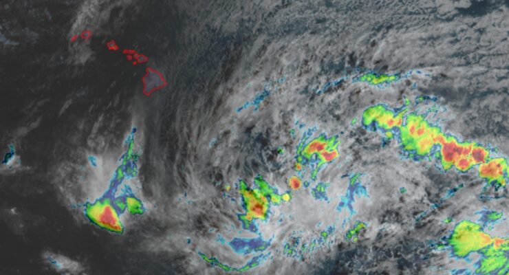 An area of disturbed weather south and east of Hawaii could be soon named "Nolo." Image: NOAA