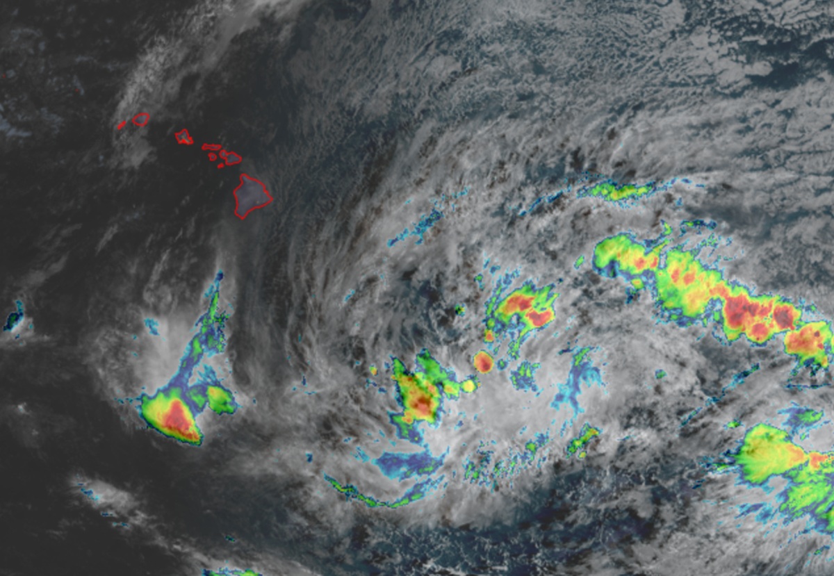 An area of disturbed weather south and east of Hawaii could be soon named "Nolo." Image: NOAA