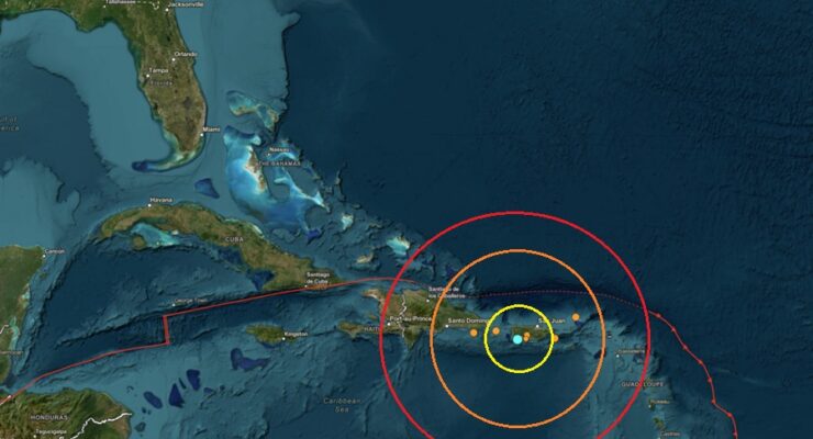 The earthquake which triggered the tsunami bulletin today is located at the blue dot inside the colored concentric circles on this map. The other orange dots reflect other earthquakes from the last 24 hours. Image: USGS