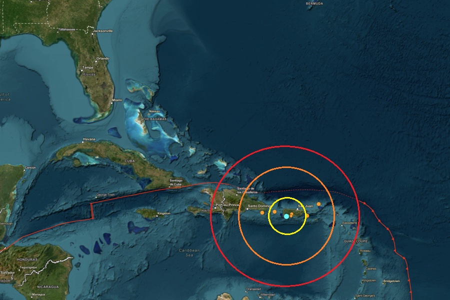 The earthquake which triggered the tsunami bulletin today is located at the blue dot inside the colored concentric circles on this map. The other orange dots reflect other earthquakes from the last 24 hours. Image: USGS